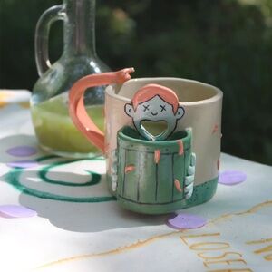 Unique Ceramic Mug with Orange Handle / harry potter / handmade creation